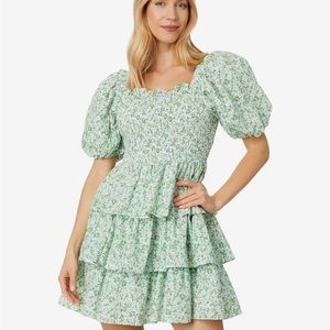English Factory - Linen Smocked Tiered Floral Mini Dress